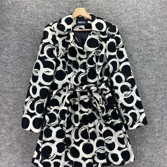 MetroStyle Coat Women 8 Black Geometric Collared Belted Long Sleeve Button Lined - Picture 3 of 8